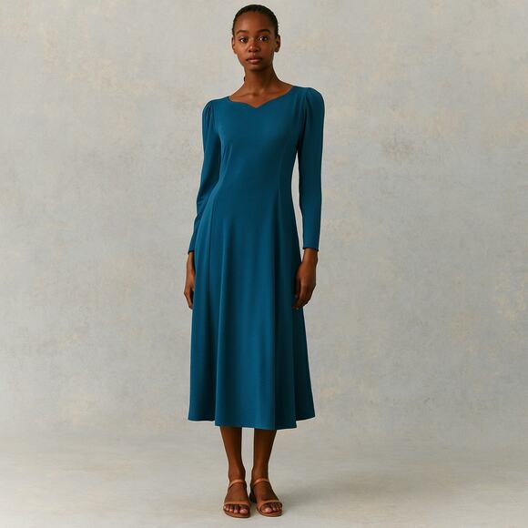 Vintage 80s Poof Shoulder Teal Fit and Flare Midi Dress S/M - Picture 1 of 8